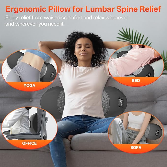 SUDAHIA 3-in-1 Electric Lumbar Support Pillow for Bed and Chair, Triple Fusion Back Massager with Heated, Vibration and Traction for Lower Back Pain Relief and Spine Support