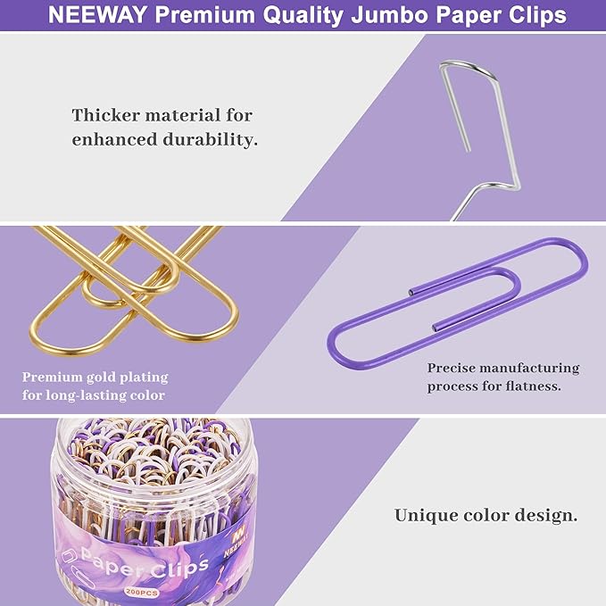 NEEWAY 200pcs Large Purple Paper Clips, 2 Inch Jumbo Paper Clip, Ceative Colored Paperclips for Paperwork Office School and Personal Use
