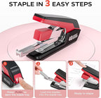 MARSROCK Effortless Stapler for Desk with 40-50 Sheet Capacity, 2000 Staples, 1-Touch Stapling, Ergonomic & Easy to Load Desktop Staplers, Heavy Duty Stapler, and Magnetic Staple Remover, Red