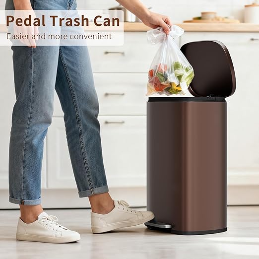 PayLessHere Stainless Steel Trash Can with Lid - Removable Inner Bucket, Foot Pedal Soft Close for Office, Home, Kitchen Garbage Bin (Brown, 13 G)
