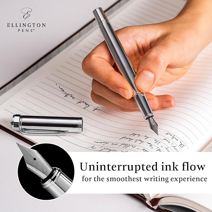Ellington Pens Luxury Fountain Pen Set - Extra Fine Nib- Includes 3 Ink Cartridges, Refillable Ink Converter, Gift Box- Fountain Pens For Writing, Calligraphy, Journaling, Sketching (Silver Sonata)