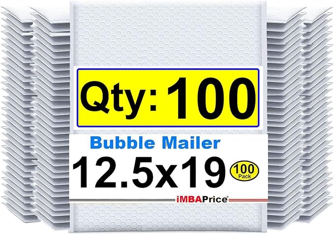 iMBAPrice 12.5x19 Inch White Poly Bubble Mailers #6, 100-Pack Extra Large Padded Envelopes, Self-Seal Polybubble Shipping Bags for Mailing & Packaging