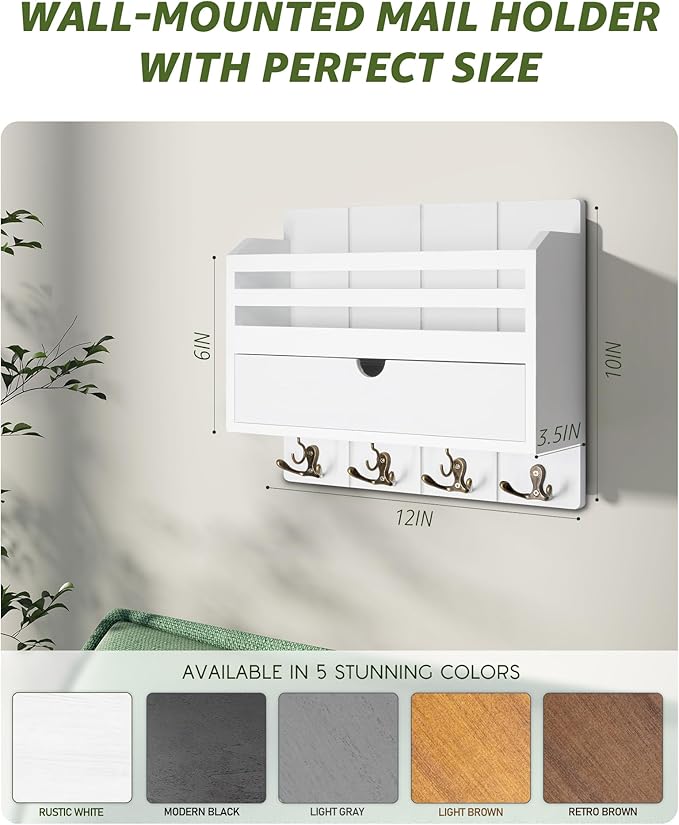 Rebee Vision Decorative Mail Organizer Wall Mount - Modern Key and Mail Holder for Wall with Drawer Organizer and 7 Key Hooks - Wall Decor Living Room for Apartment Essentials (White)