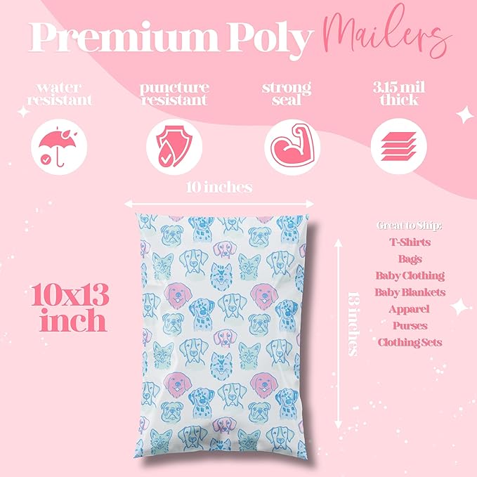 Pretty Package Store 10x13 Designer Poly Mailer 100 Pack Heavy Duty Waterproof Self Seal Shipping Bags for Small Business Large Mailing Envelopes Bulk Tear Resistant Packaging Pretty Pups Puppy Dogs