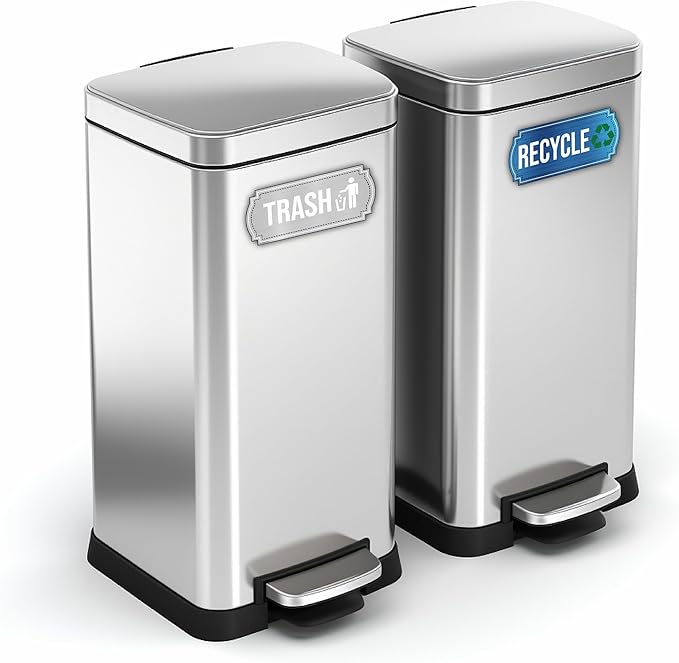 Recycle and Trash Stickers for Kitchen Trash Cans and Recycling Bins, Indoor Trash and Recycle Sticker Combo for Garbage Can Logo Symbol, Blue & Gray Decals, 6.5" x 3" Elegant Style with Split-back