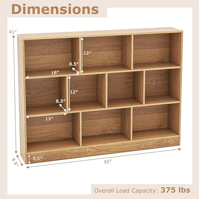 Tangkula 10-Cube Bookshelf, 55”L Floor Bookcase with 2 Anti-Tipping Kits, Freestanding Storage Organizer, 4-Tier Display Shelf for Home, Office & Dorms, Natural/White (Natural, 10-Cube-Large)