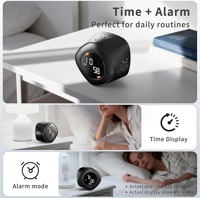 VEWINGL Cube Productivity Timer, 5/10/25/DIY Min Presets + Count-Up Mode, Time Display & Alarm Clock, Sound/Vibrate/Silent Alerts, Pause & Resume, Desk Timer for Work, Study, Kitchen (Black)