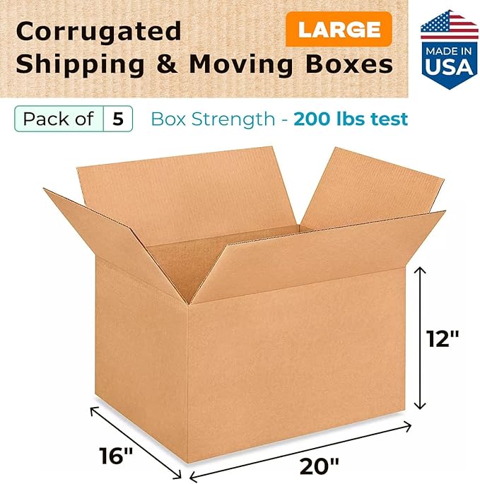 Large Shipping & Moving Boxes 20 x 16 x 12 inches (5-Pack) - Extra Strength 200 lb vs Regular - Corrugated Packing Boxes for USPS/FEDEX - Heavy Duty Moving Box - Box Large by IDL Packaging