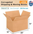 Large Shipping & Moving Boxes 20 x 16 x 12 inches (5-Pack) - Extra Strength 200 lb vs Regular - Corrugated Packing Boxes for USPS/FEDEX - Heavy Duty Moving Box - Box Large by IDL Packaging