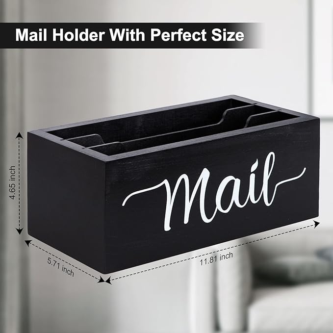 Lucundm Desk Mail Organizer, Mail Organizer Countertop with 3 Slots, Wood Desk Mail Storage Box, Envelop Holder for Home Office (Black-3 Slot)