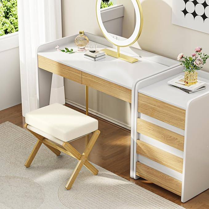 BAMBOOHOMIE Foldable Foot Stool Ottoman, Modern Foot Rest with Bamboo X Legs & Thick Foam Cushion, Folding Foot Stools Small Padded for Bedroom Living Room, Footstool for Chair Couch (Natural - Beige)
