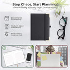 IN-luxpro Daily Planner 2026 with One Page Per Day,(A5-8.5" x 5.9"),12 Months Calendar Hourly Appointment Book Monthly Tabs & Self-adhesive Pen Holder,Inner Pocket, Vegan Leather Hardback,Black
