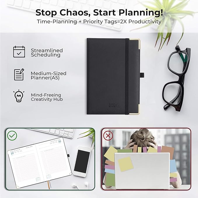 IN-luxpro Daily Planner 2026 with One Page Per Day,(A5-8.5" x 5.9"),12 Months Calendar Hourly Appointment Book Monthly Tabs & Self-adhesive Pen Holder,Inner Pocket, Vegan Leather Hardback,Black