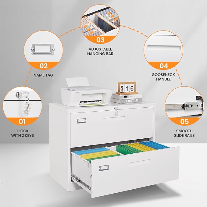 AFAIF 2 Drawer File Cabinets for Home Office, Metal Filing Cabinet with Lock, White Locking File Caninet Two Drawer, Office Storage Caninets Steel Cabnet for Letter/Legal/A4/F4-Assembly Required