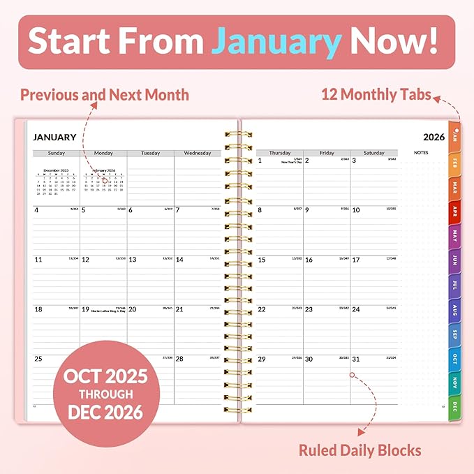SUNEE 2026 Weekly and Monthly Planner - from January 2026 - December 2026, Daily Agenda Planner with Monthly Tab, Flexible Cover, Note Pages, Pockets, Bookmark, Spiral Binding, Pink, 6.4" x 8.3"