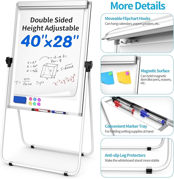 DexBoard U-Stand Double Sided 40" x 28" Magnetic Dry Erase Easel, Height Adjustable & 360° Rotating Whiteboard with 1 Eraser, 6 Magnets and Paper Pads