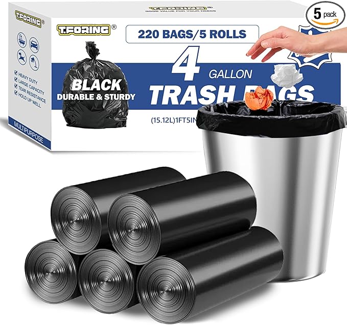 T.FORING Small Trash Bags 4 Gallon - 0.94 Mil Thick 220 Count Heany Duty 15 Liters Black Garbage Bags,Leakproof Durable and Unscented Weastbasket Can Liners for Bathroom Bedroom Home