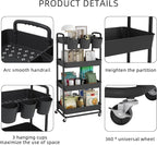 JIUYOTREE 4-Tier Plastic Rolling Storage Cart Utility Cart with Extra Hanging Cups Handles Lockable Wheels for Living Room Bathroom Kitchen Office Black