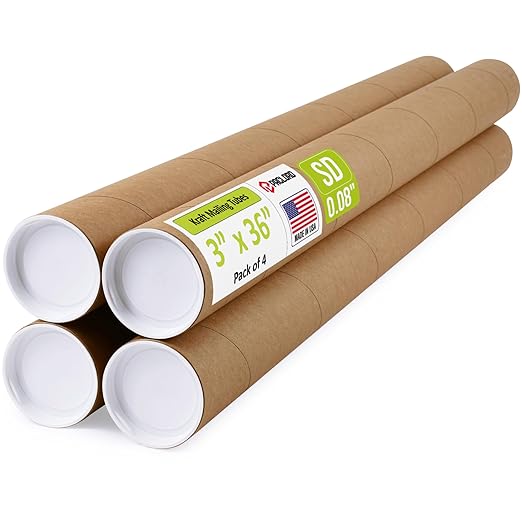 3" x 36" Reinforced Kraft Paper Mailing Tubes, Pack of 4 Tubes with 2 Caps Each – USPS Approved Poster Tube – Made in USA Cardboard Tube for Shipping and Storing Posters, Prints, Artwork, or Documents