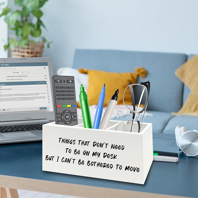 QZQE Funny Office Pen Pencil Holder Organizer for Desk, Humorous Gifts for Women Men, Funny But I Can't Be Bothered to Move Wooden Box Signs Decorations for Home Office Desk Tabletop