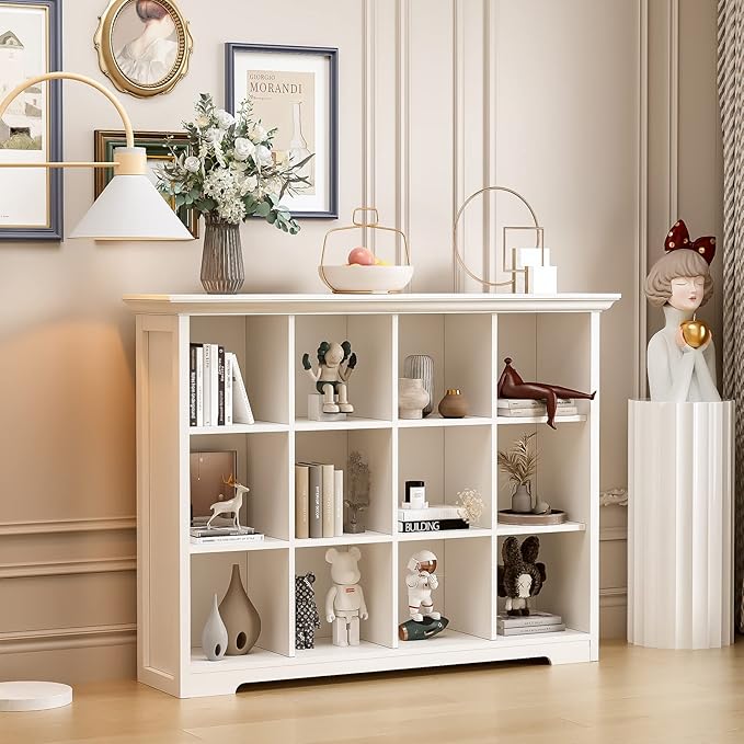 OSCHF Wooden Cube Bookcase with Base - Modern 3 Tiers Floor Standing Open Shelf Cabinet for Home and Office, 12-Cube Lattice Bookshelf, Warm White