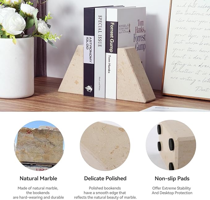 Karibiber Marble Bookends for Heavy Books, Decorative Book Ends for Shelves, Beige Stone Durable and Heavy-Duty Book Ends for Hardback Books & CDS, Unique Book Stopper & Holder, Set of 2