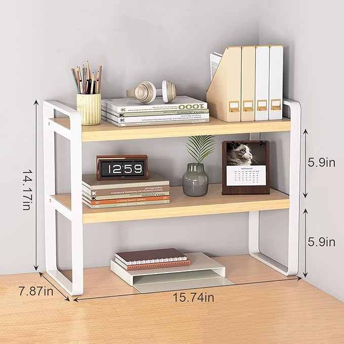 SIDIANBAN Desktop Organizer Shelf Office Storage Rack Computer Desk Bookshelf Adjustable Display Shelf for Office Supplies (White)
