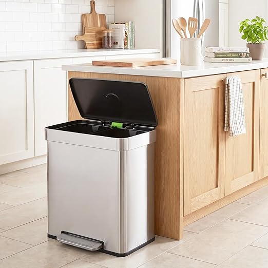 PayLessHere Dual Compartment Recycling Trash Can with Removable Buckets, 60L Stainless Steel Foot Pedal Trash Can with Soft-Close Lid for Home, Kitchen, Office, Bathroom.