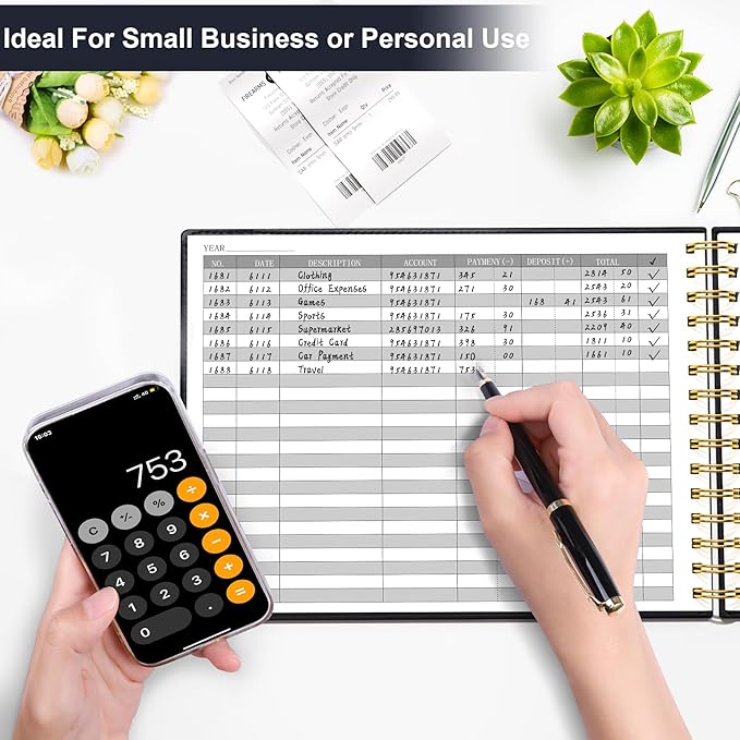 HAUTOCO Hardcover Accounting Ledger Book for Small Business Bookkeeping Horizontal Money Expense Tracker Notebook with 2 Storage Pouch, Personal Columnar Log Journal 10.78 x 8'', Black