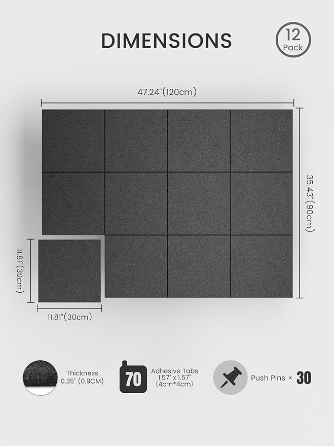 Bumusty Large Cork Board 47"x35" Alternative - 12 Pack Felt Wall Tiles with 70 Safe Removable Adhesive Tabs, 30 Pushpins, Cork Boards for Walls Pin Board Bulletin Board Office Decor (Charcoal Gray)
