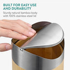Navaris Bamboo Mini Trash Can - Small Bin with Stainless Steel Swing Lid for Easy Access - Desktop Bin Ideal for Office, Bathroom and Kitchen Counter - Compact and Easy to Clean