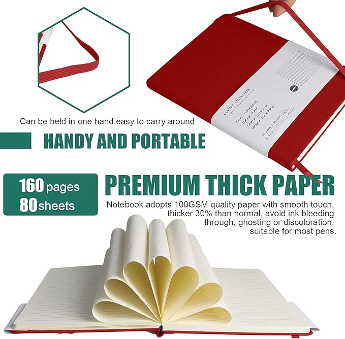 EMOMAS Lined Journal Notebook, 6Pack Hardcover Notebook for Men & Women – Journals for Writing, Work, School, Home & Daily Notes, 160 Pages – Medium A5, 5.7"x8", 100 gsm Thick Paper (Red)