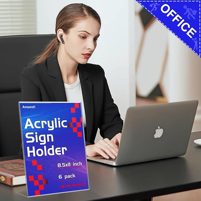 Anwesti Acrylic Sign Holder 8.5" x 11" - 6 Pack Clear L-Shaped Tabletop Menu Frame for Restaurants, Photos, Posters | Slanted Back Design | Durable Promotional Display Stand