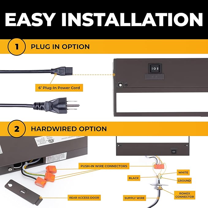LED Under Cabinet Lighting Hardwired - 3CCT 24 Inch Bronze Finish - Undercabinet Lights for Kitchen - Linkable Undercounter Dimmable Plug in Light or Hard Wired - Under Counter Fixture Direct Wire