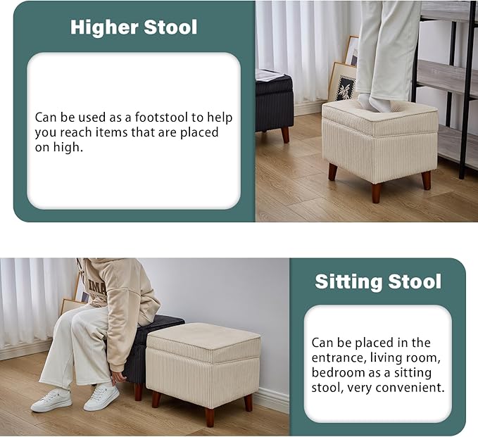 FAGAGA Storage Ottoman with Adjustable Lid, Soft Step Stool, Footrest and Seat, Ottoman Foot Rest for Living Room, Bedroom, Dorm, Beige