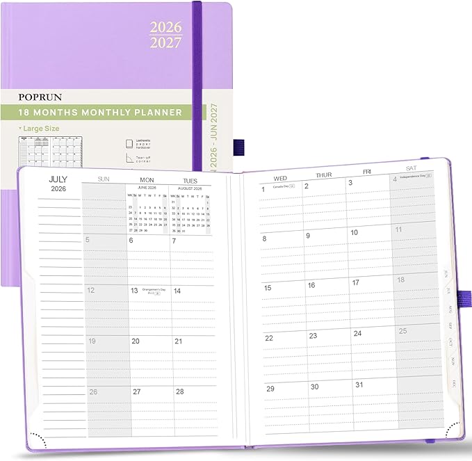 POPRUN Monthly Planner 2026-2027, Large-8'' x 10'', 18-Month Calendar Book (Jan.26 - Jun.27), Calendar Planner with Monthly Tabs, Storage Pocket, Hardcover, 100 GSM Paper - Violet