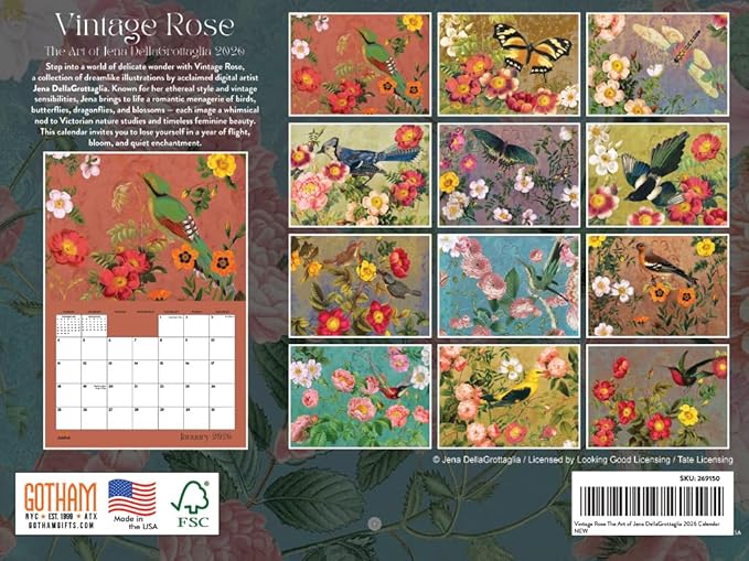 Vintage Rose Calendar 2026 by Jena DellaGrottaglia Monthly Wall Calender 12 Month | American Made In The USA
