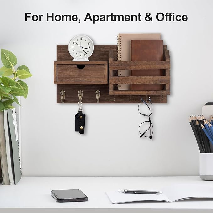 Lwenki Wall Mount Key Holder with Mail Organizer, 100% Paulownia Wood, 7 Metal Hooks, Storage Drawer, Entryway Home Decor (Brown)