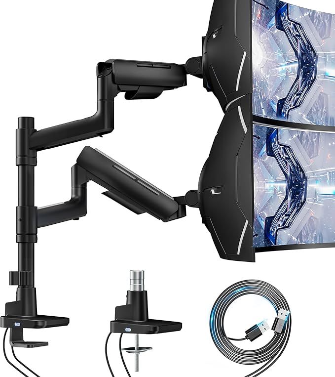 ARES WING Dual Monitor Mount for 17-49 Inch Ultrawide Heavy Duty Curved Screen Stacking, Computer Monitor Arm Desk Mount with USB, Gas Spring Adjustable Vesa Stand, Black