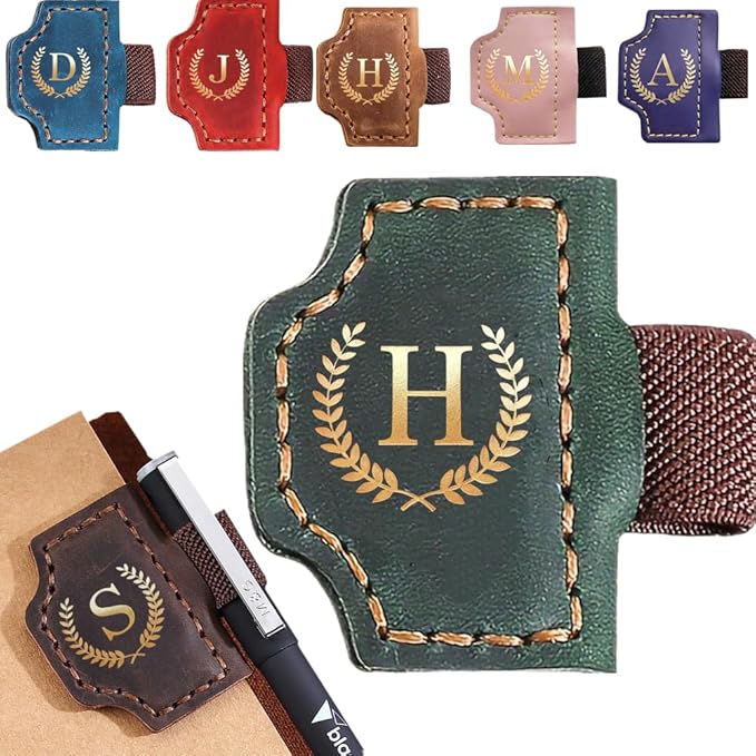 Personalized Mark Bookmark with Pen Holder, Leather Magnetic Book Marker 26 Letters,Custom Initials Page Marks, Gifts for Book Lovers Readers Men Women (Green, H)