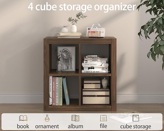 furtble Bookshelf with Storage Bin, 4-Cube Storage Organizer, Modern Wood Open Bookcase, Multifunctional Display Shelf for Living Room, Bedroom, Home Office, Classic Oak