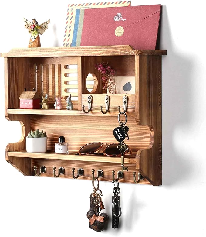 Mutsault Key Holder for Wall, Mail and Key Holder for Home Decor, Key and Mail Holder for Wall with Key Hooks, Brown