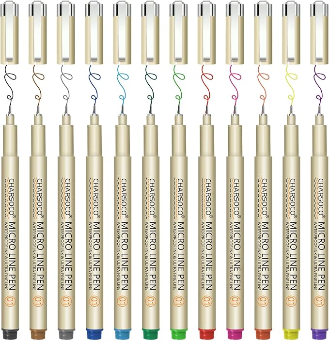 CHARSOCO 01 Micro Pen, Fine Point Pen with 12 Colors, Waterproof Archival Ink, 0.25mm Fineliner Ink Pens for Artist Illustration, Sketching, Anime, Manga, Technical Drawing and Scrapbooking