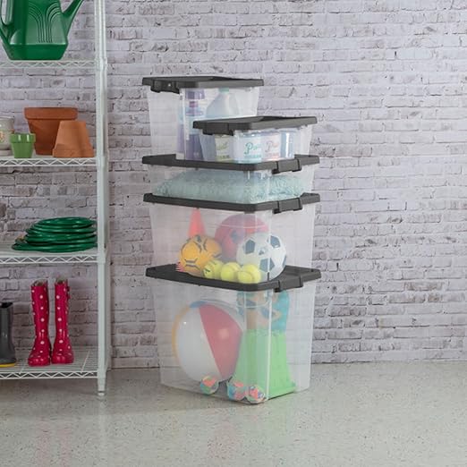 Sterilite 18-Pack Modular Stacker Box, Durable Clear Plastic Storage Bins with Latching Lids, 40 Quart - Stackable Organizing Container Boxes for Closet, Bathroom, and Office