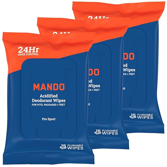 Mando Deodorant Wipes - 24 Hour Odor Control - Aluminum Free, Baking Soda Free, Skin Safe (15 Count (Pack of 3)