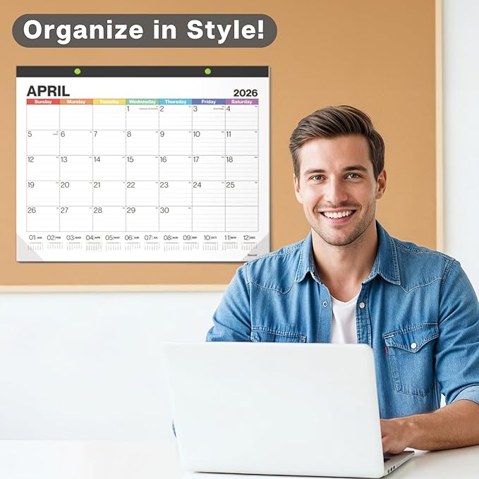 Dunwell 2026 Desk Calendar 22x17, Large Monthly Desk Blotter or Hanging Wall Calendar, Colorful Design, Jan–Dec 2026, Lined Daily Blocks, Easy to Read