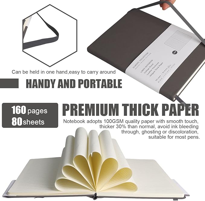 EMOMAS Lined Journal Notebook – Hardcover Notebook for Men & Women – Journals for Writing, Work, School, Home & Daily Notes, 160 Pages – Medium A5, 5.7"x8", 100 gsm Thick Paper (Dark Gray)