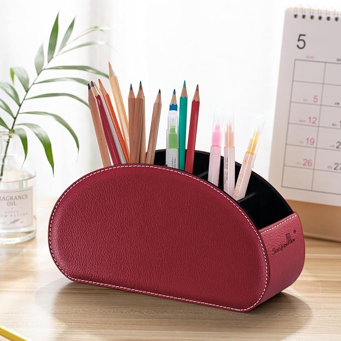 Remote Control Holders Organizer Box with 5 Compartment PU Leather Multi-functional Office Desk Storage Caddy Store Tv Remote for Media Player,Brush,Pencil,Glassees&Office Supplies (Wine Red)