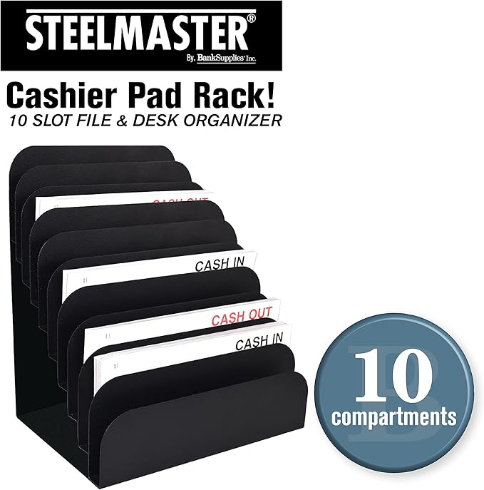 BankSupplies STEELMASTER Steel Cashier Pad Rack, 10-Slot Desktop File & Paper Organizer, Black Powder-Coated Finish, Scratch & Chip-Resistant, Deposit Slips, Checks & Forms Organizer