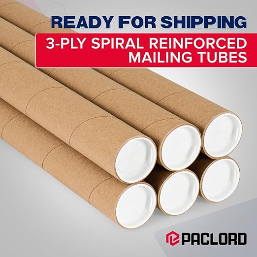 Paclord 2" x 60" Heavy-Duty Reinforced Cardboard Mailing Tube, Pack of 4 Tubes with 8 Caps – Secure USPS Approved – Great for Shipping and Storing of Prints, Artwork, Posters or Documents
